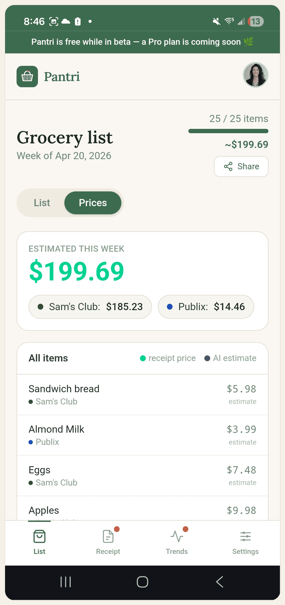 Pantri price estimates by store