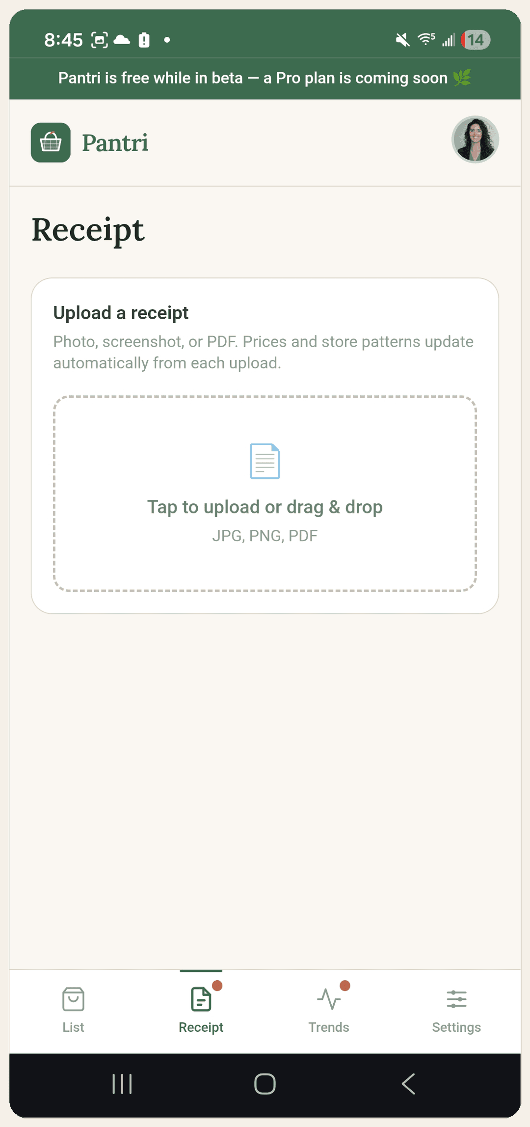 Pantri receipt upload for automatic price learning